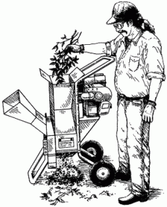 sketch of a man feeding debris into chipping machine