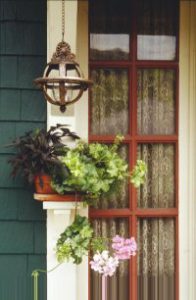hanging planter on side of house under entry light