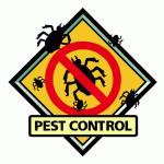 pest logo diamond, black border, yellow background with red circle with line. bugs around