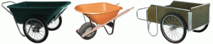 green 2-wheel garden dump cart, orange single wheel wheelbarrow and a large 2-wheel garden cart with removable front panel
