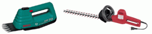 battery operated grass and small shrub trimmer and an electric hedge trimmer