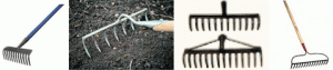four garden or iron rakes with stiff tines and long handles