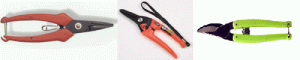 three styles of hand pruners with red or green grips