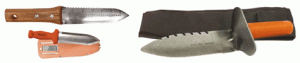 three styles of hori-hori garden knife with sheaths and measurement markings 