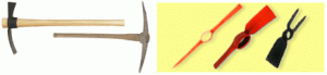 a mattock and pickaxe and three styles of heads shown seperately 