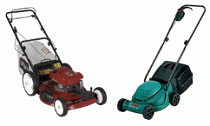 a red gas powered and green electric powered push style lawn mowers