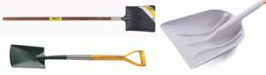 three square nose shovels with straight or D-handle, sometimes called a coal shovel