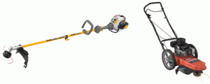 a hand-held gas string trimmer and a gas-powered walk behind string trimmer