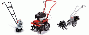 three styles and sizes of gas powered roto tillers