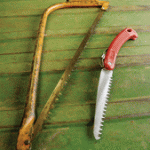 A bow saw and a opened pocket saw for use in tree pruning